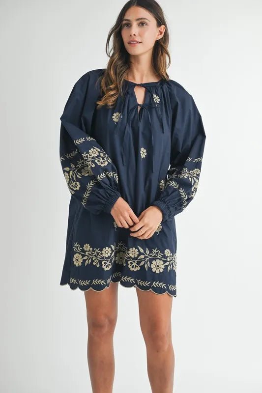 Mable - Navy & Taupe Floral Embroidered Mini Dress