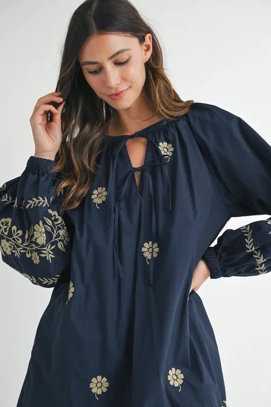 Mable - Navy & Taupe Floral Embroidered Mini Dress