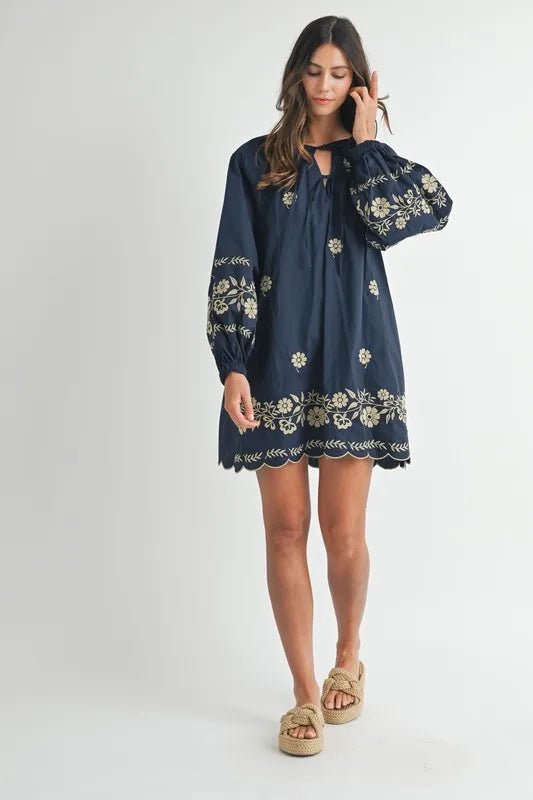 Mable - Navy & Taupe Floral Embroidered Mini Dress