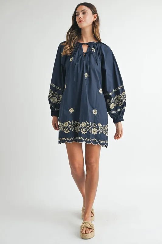 Mable - Navy & Taupe Floral Embroidered Mini Dress