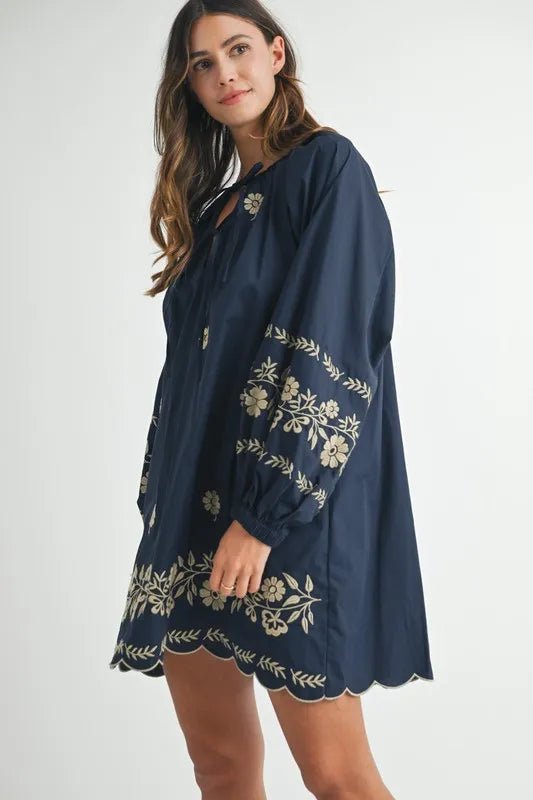 Mable - Navy & Taupe Floral Embroidered Mini Dress