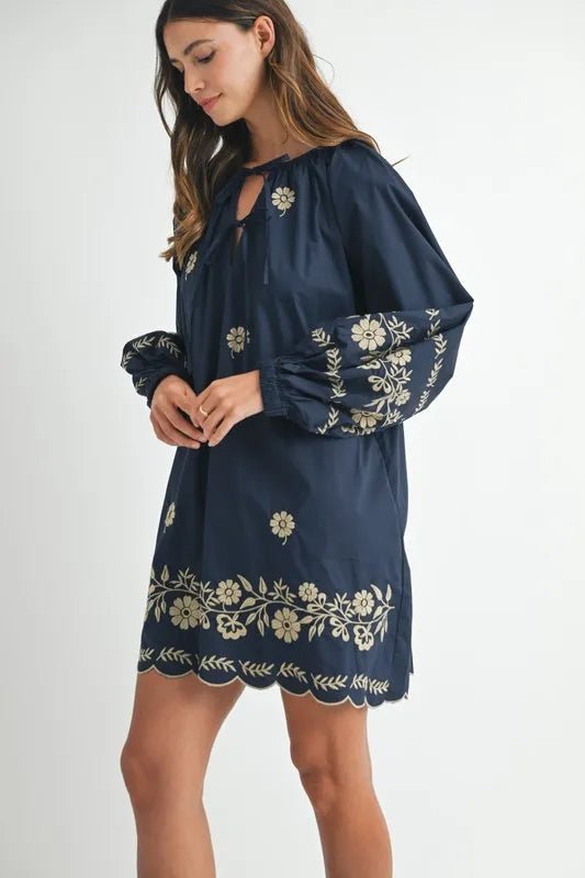 Mable - Navy & Taupe Floral Embroidered Mini Dress
