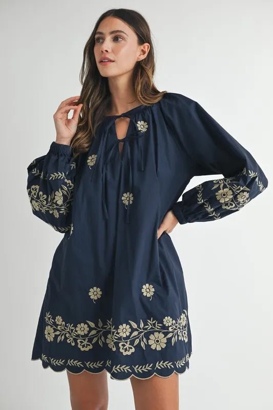 Mable - Navy & Taupe Floral Embroidered Mini Dress