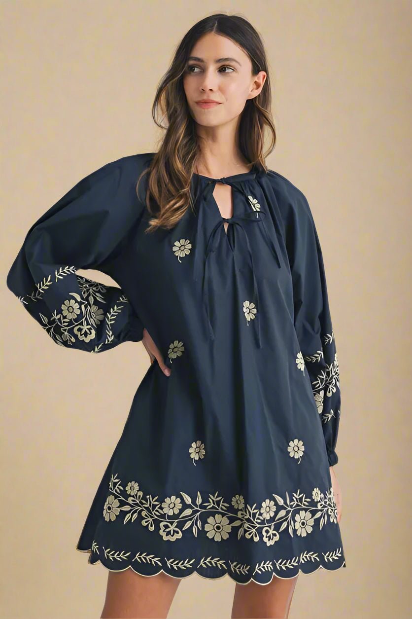 Mable - Navy & Taupe Floral Embroidered Mini Dress
