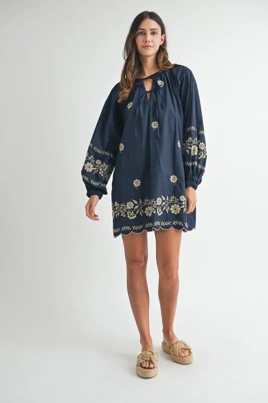 Mable - Navy & Taupe Floral Embroidered Mini Dress