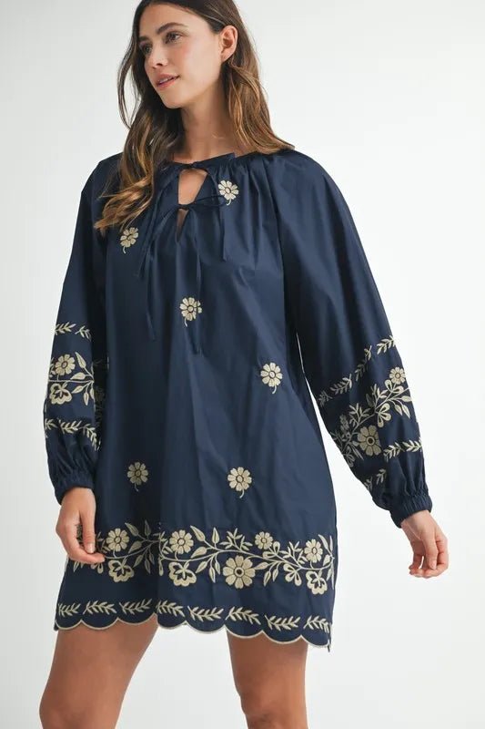 Mable - Navy & Taupe Floral Embroidered Mini Dress