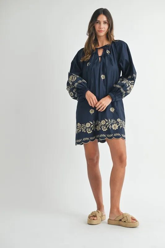 Mable - Navy & Taupe Floral Embroidered Mini Dress