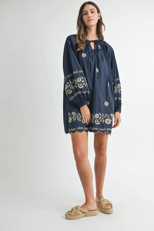 Mable - Navy & Taupe Floral Embroidered Mini Dress