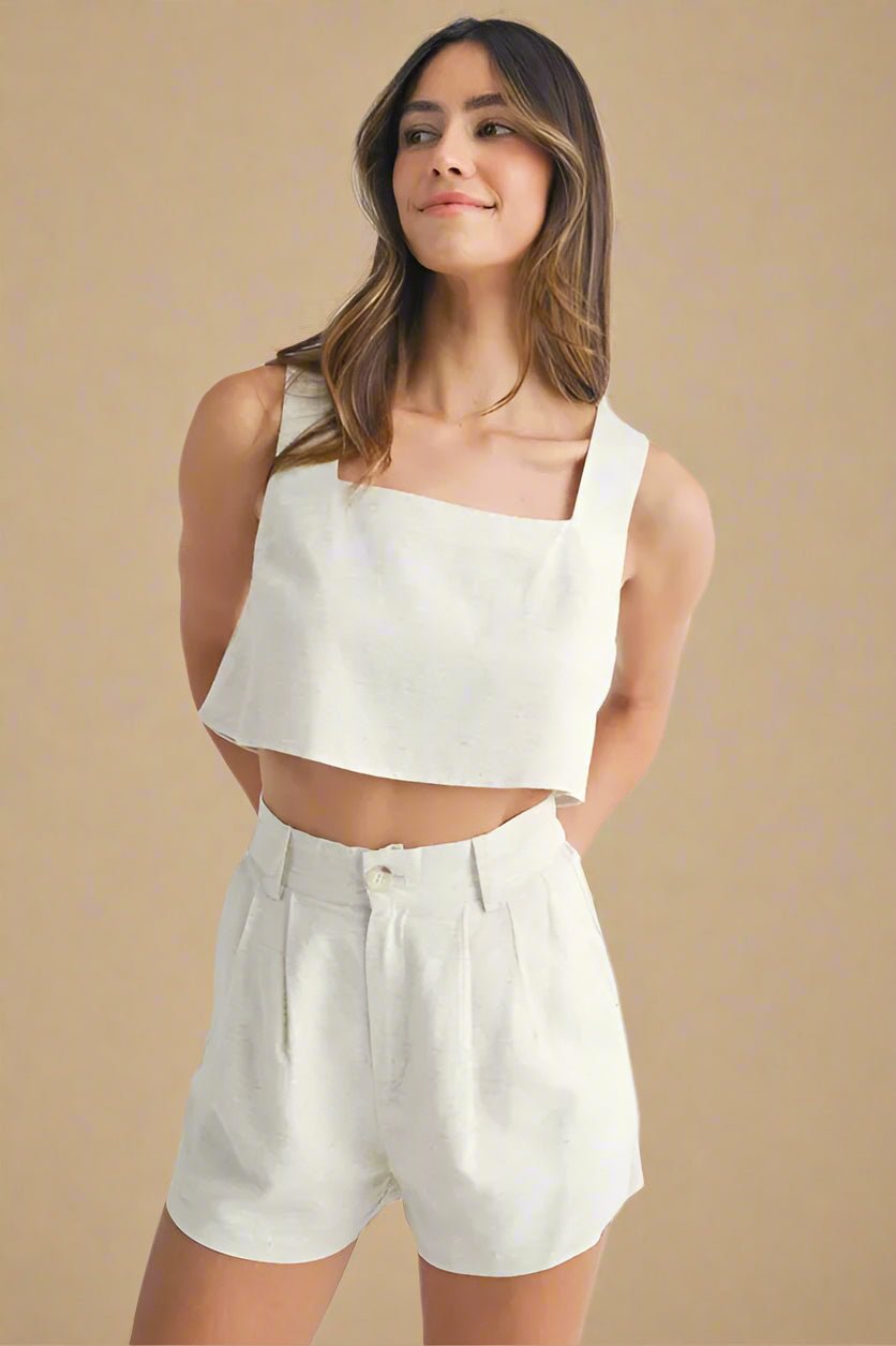 Mable - Oatmeal Crop Top & Pleated Shorts Set