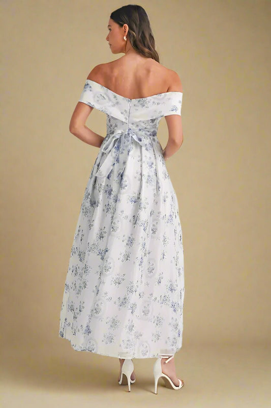 Mable - Off - Shoulder Floral Print Maxi Dress – White & Blue