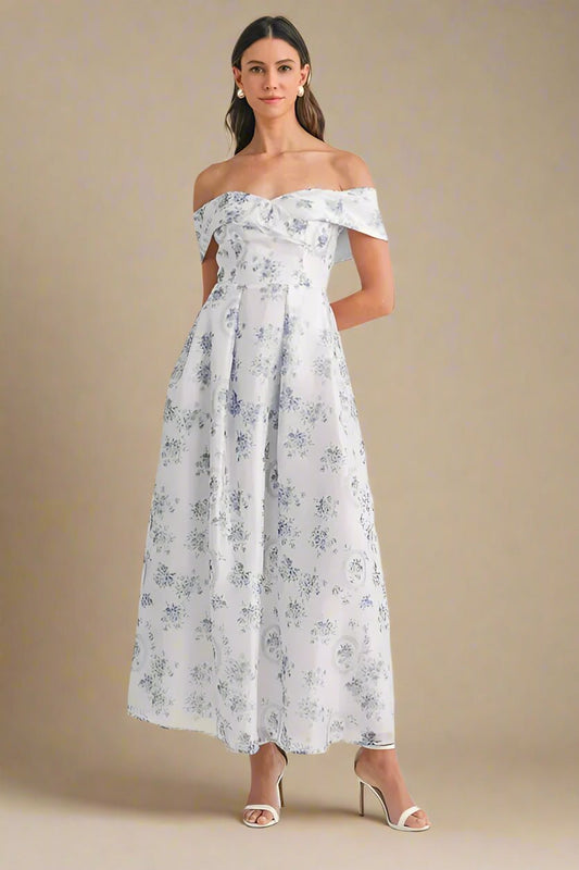 Mable - Off - Shoulder Floral Print Maxi Dress – White & Blue
