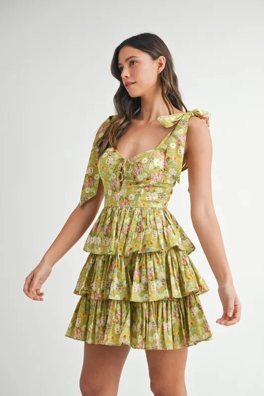Mable - Olive Floral Tiered Mini Dress