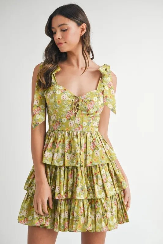 Mable - Olive Floral Tiered Mini Dress