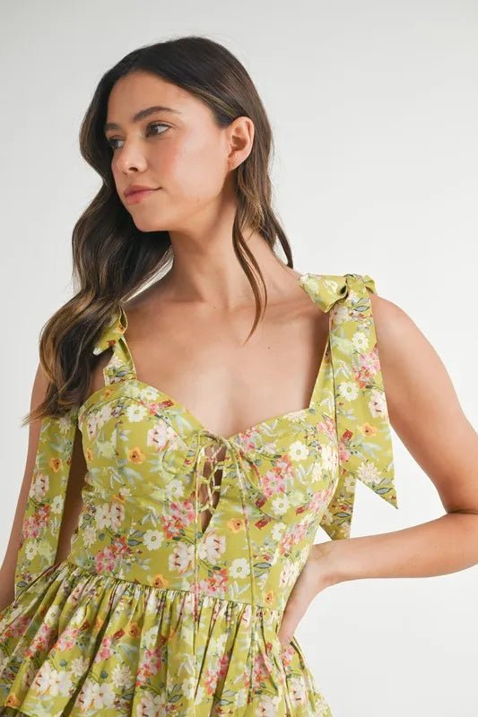 Mable - Olive Floral Tiered Mini Dress