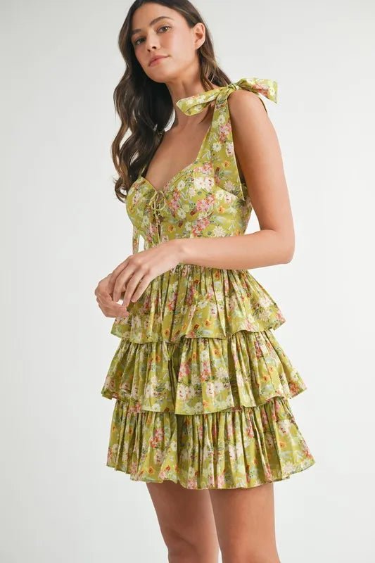 Mable - Olive Floral Tiered Mini Dress