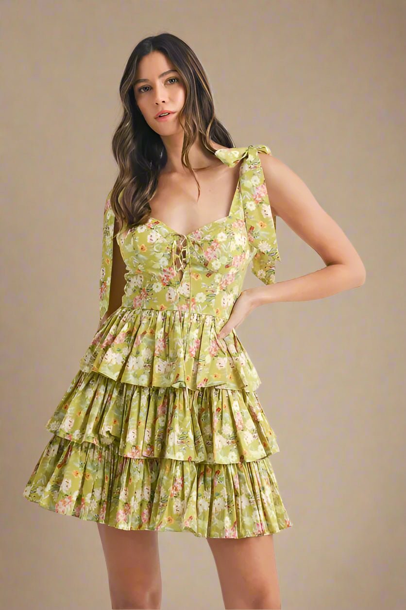 Mable - Olive Floral Tiered Mini Dress