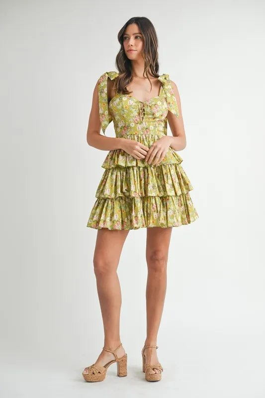 Mable - Olive Floral Tiered Mini Dress