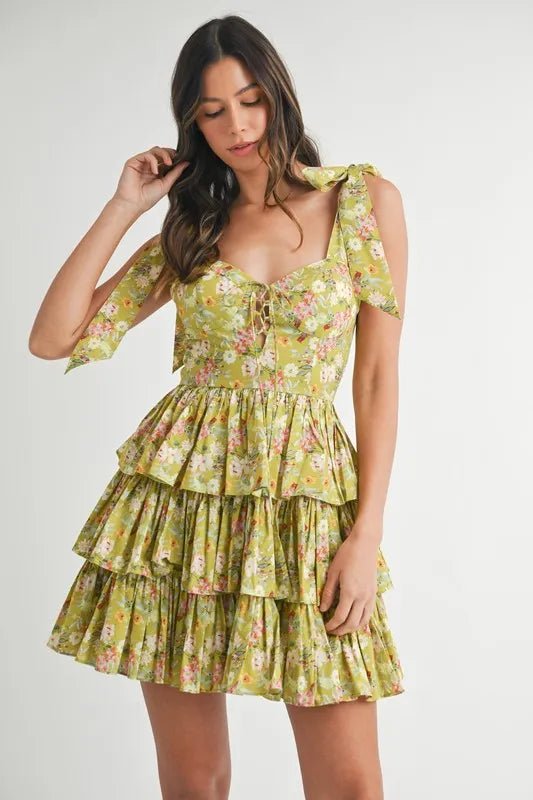 Mable - Olive Floral Tiered Mini Dress