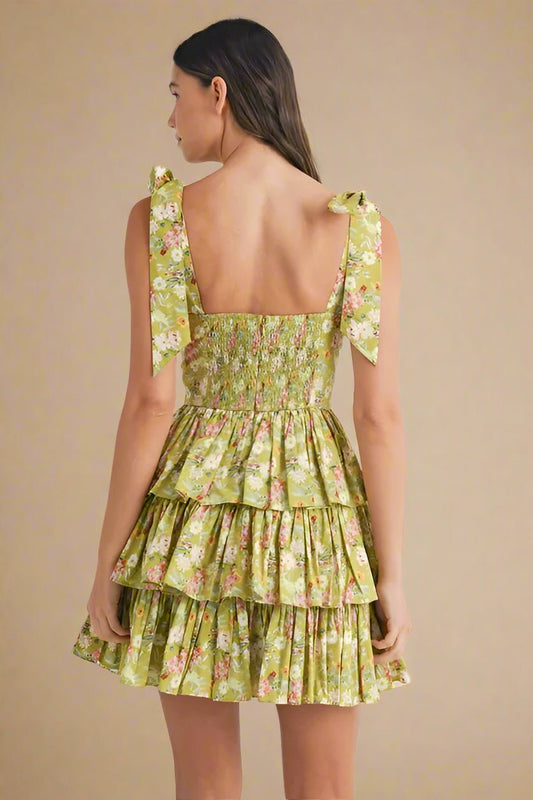 Mable - Olive Floral Tiered Mini Dress