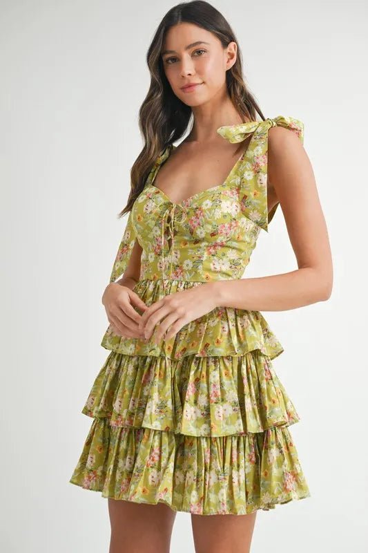 Mable - Olive Floral Tiered Mini Dress