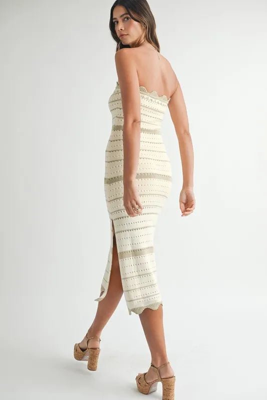 Mable - Olive Stripe Strapless Crochet Midi Dress