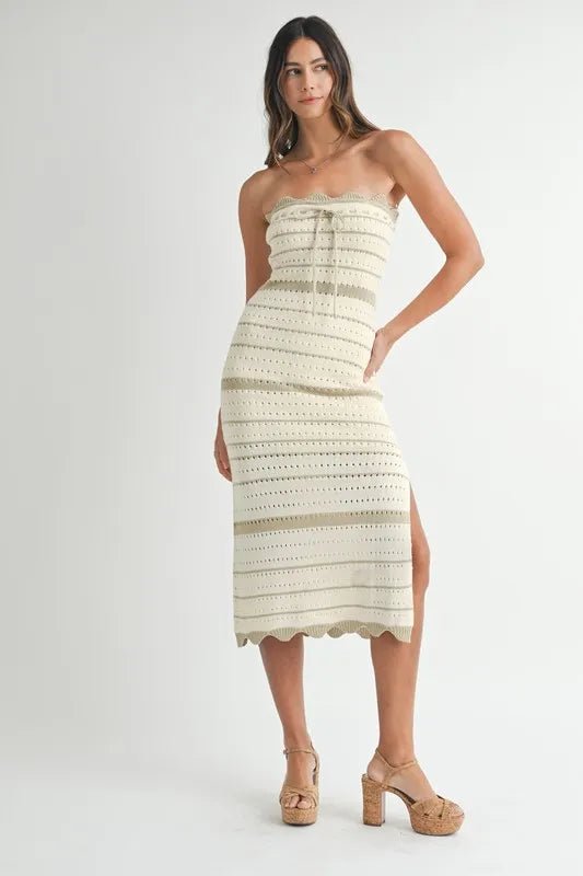 Mable - Olive Stripe Strapless Crochet Midi Dress