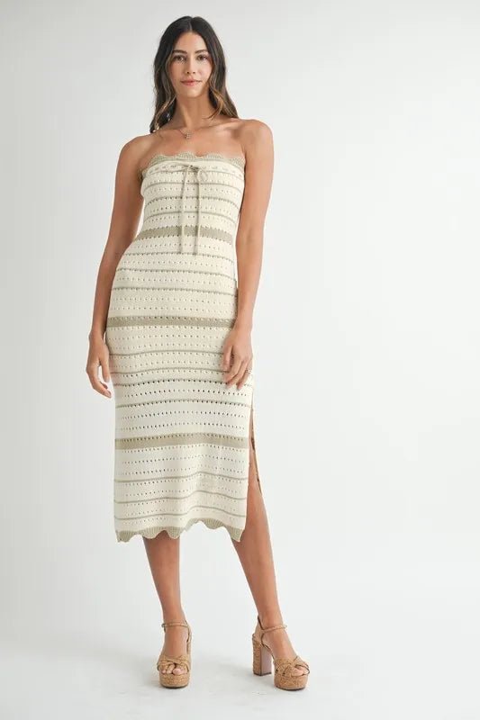 Mable - Olive Stripe Strapless Crochet Midi Dress