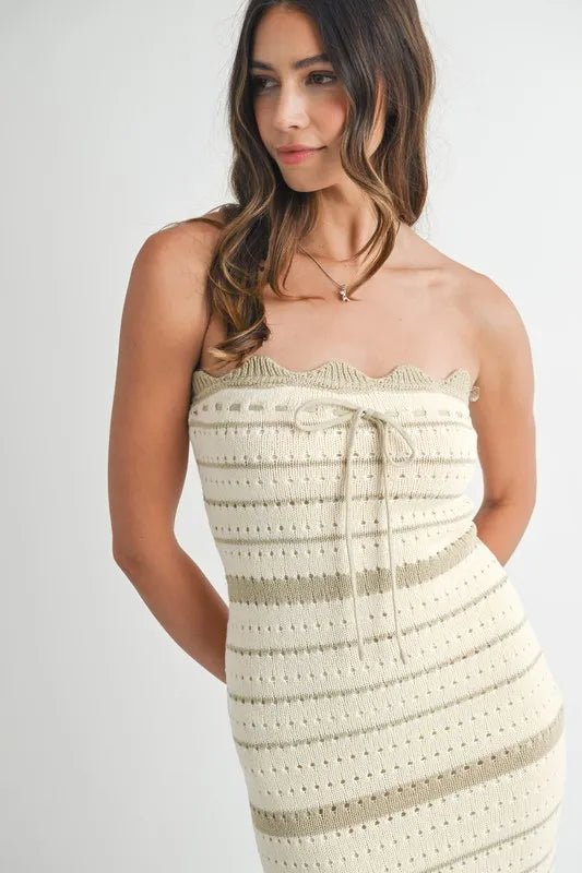 Mable - Olive Stripe Strapless Crochet Midi Dress
