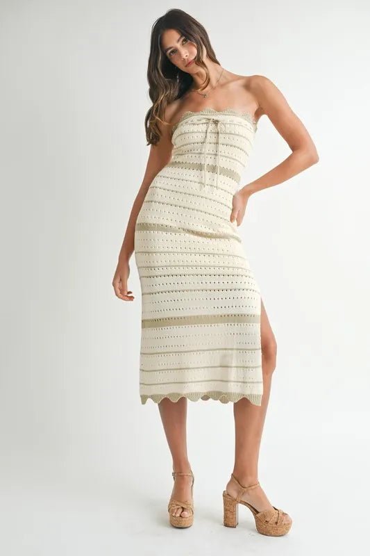 Mable - Olive Stripe Strapless Crochet Midi Dress