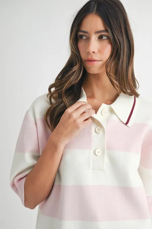 Mable - Pink & White Stripe Knit Rugby Polo Top