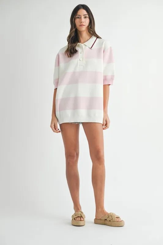 Mable - Pink & White Stripe Knit Rugby Polo Top