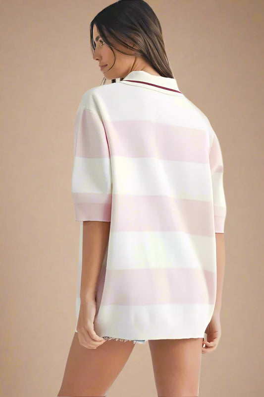 Mable - Pink & White Stripe Knit Rugby Polo Top