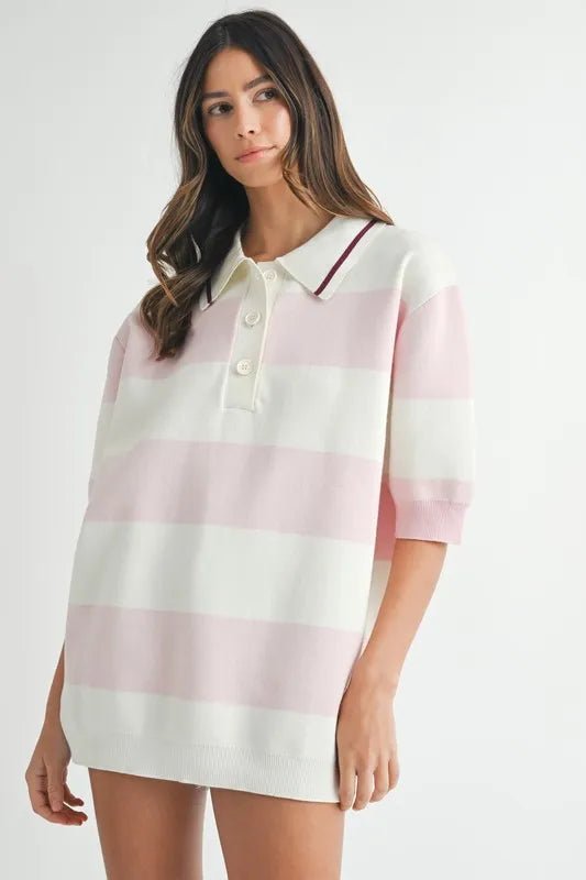 Mable - Pink & White Stripe Knit Rugby Polo Top
