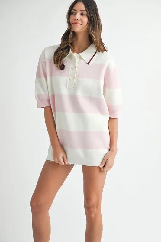 Mable - Pink & White Stripe Knit Rugby Polo Top