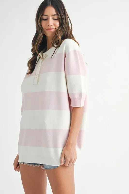 Mable - Pink & White Stripe Knit Rugby Polo Top