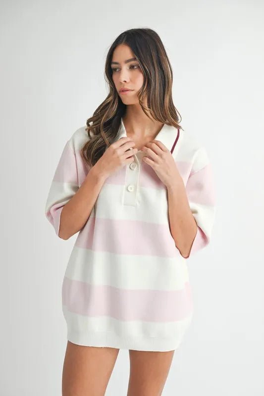 Mable - Pink & White Stripe Knit Rugby Polo Top