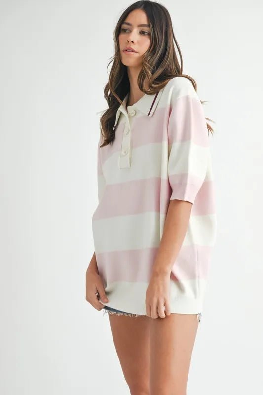 Mable - Pink & White Stripe Knit Rugby Polo Top