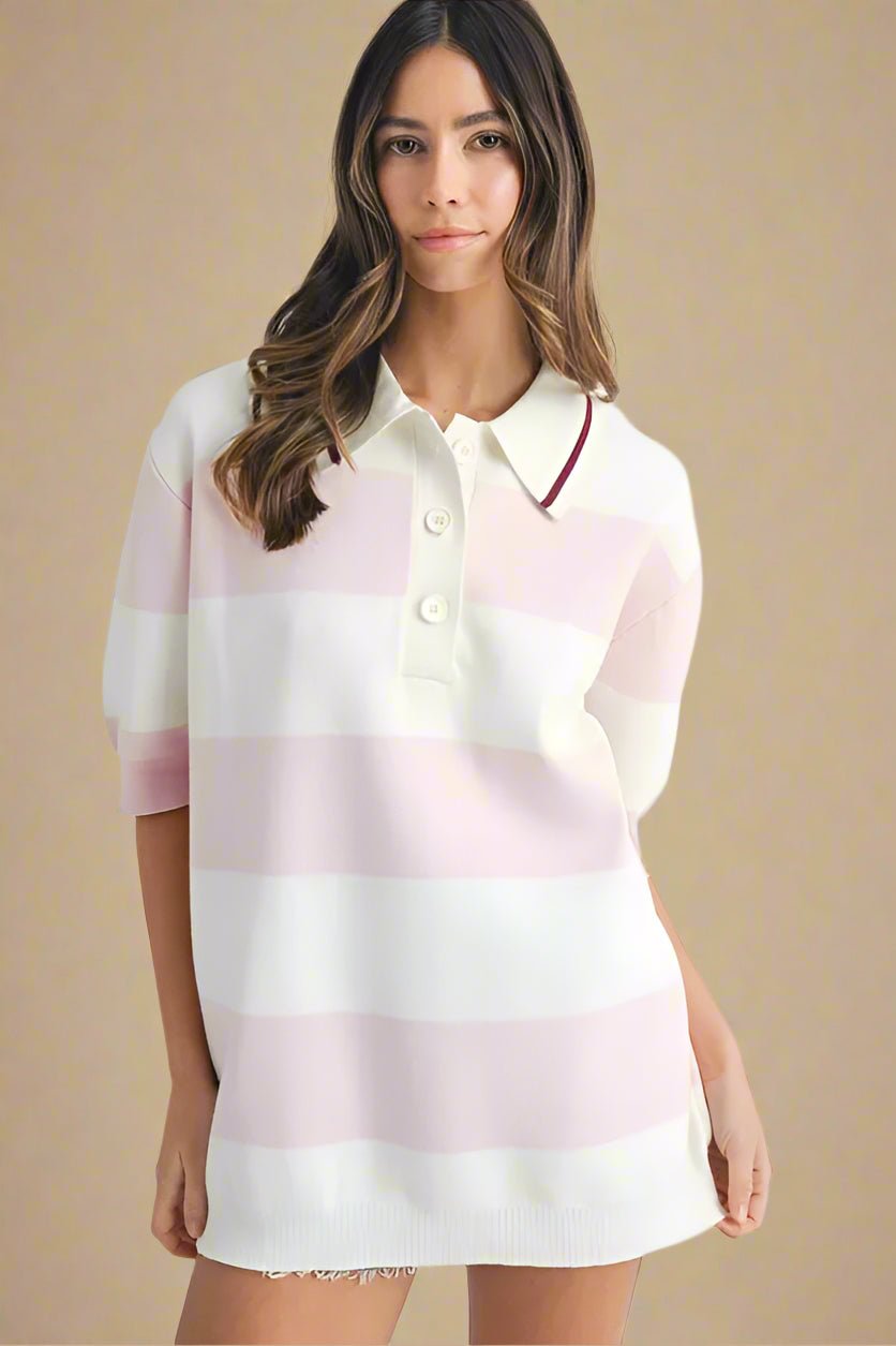 Mable - Pink & White Stripe Knit Rugby Polo Top
