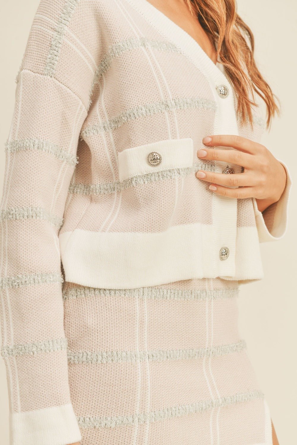 Mable - Plaid Button Down Cardigan and Mini Skirt Set in Blush