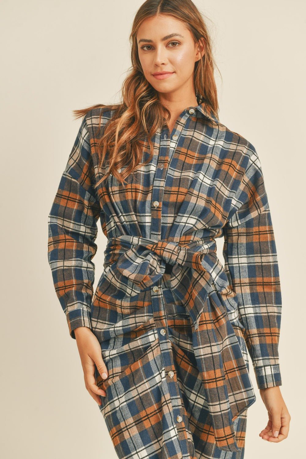 Mable - Plaid Flannel Tie Front Button Down Midi Shirt Dress in Camel