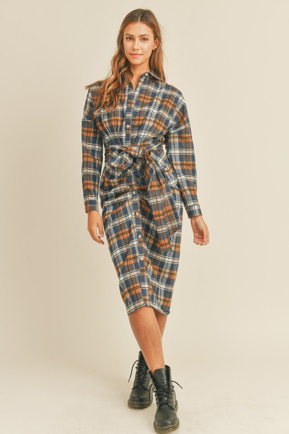 Mable - Plaid Flannel Tie Front Button Down Midi Shirt Dress in Camel