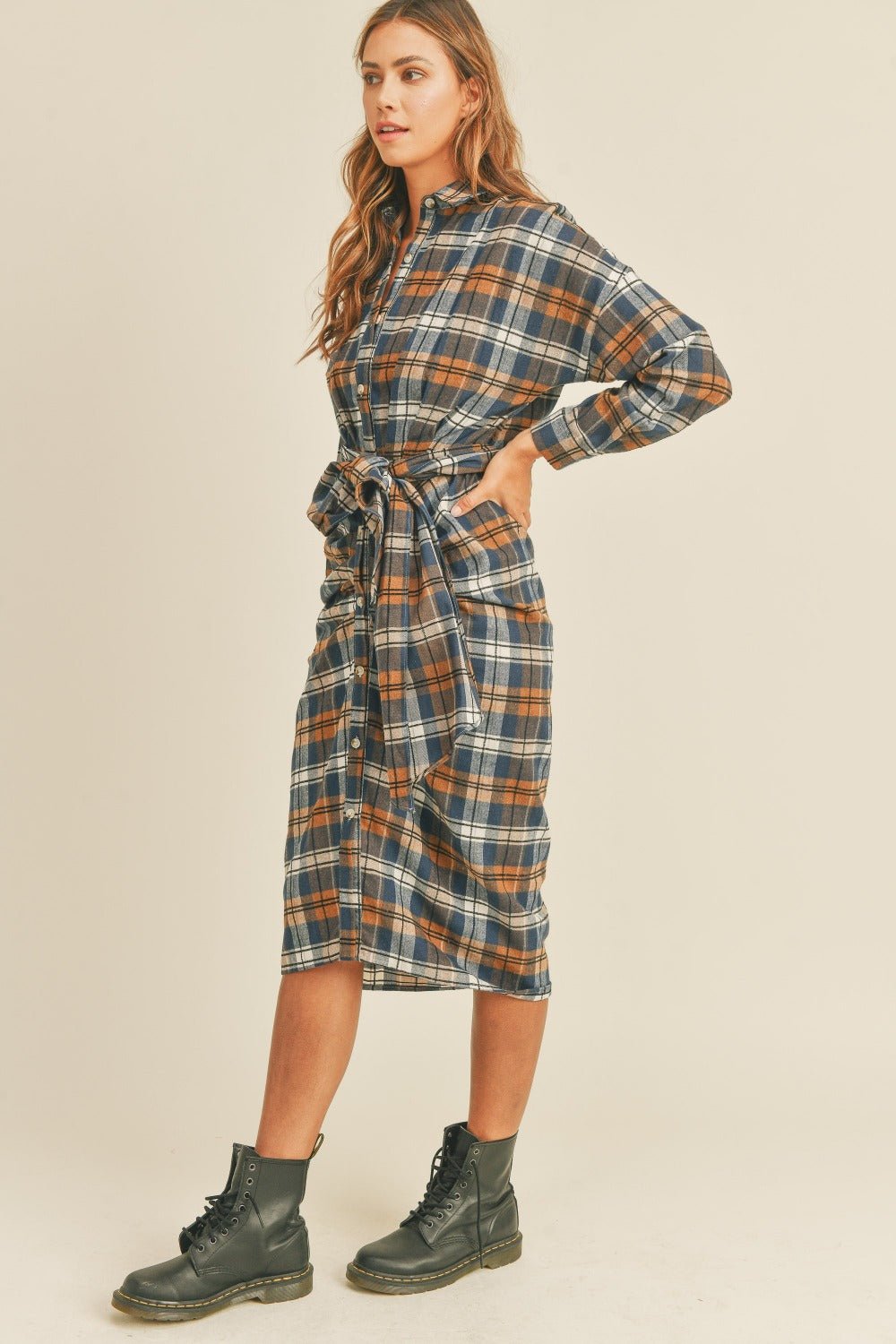 Mable - Plaid Flannel Tie Front Button Down Midi Shirt Dress in Camel