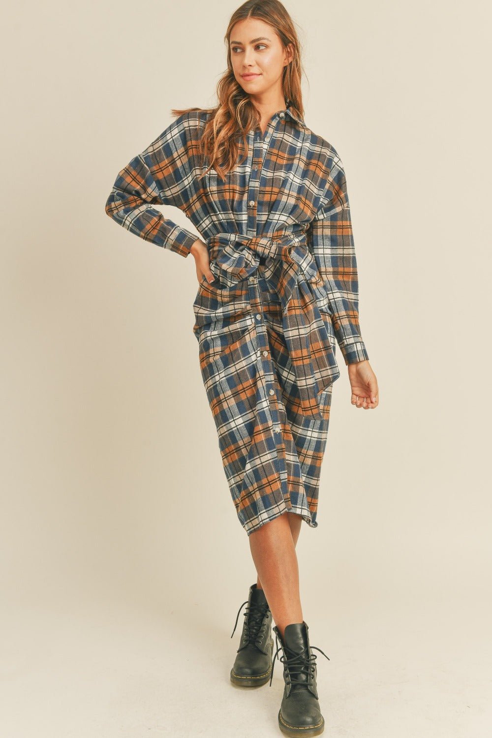 Mable - Plaid Flannel Tie Front Button Down Midi Shirt Dress in Camel