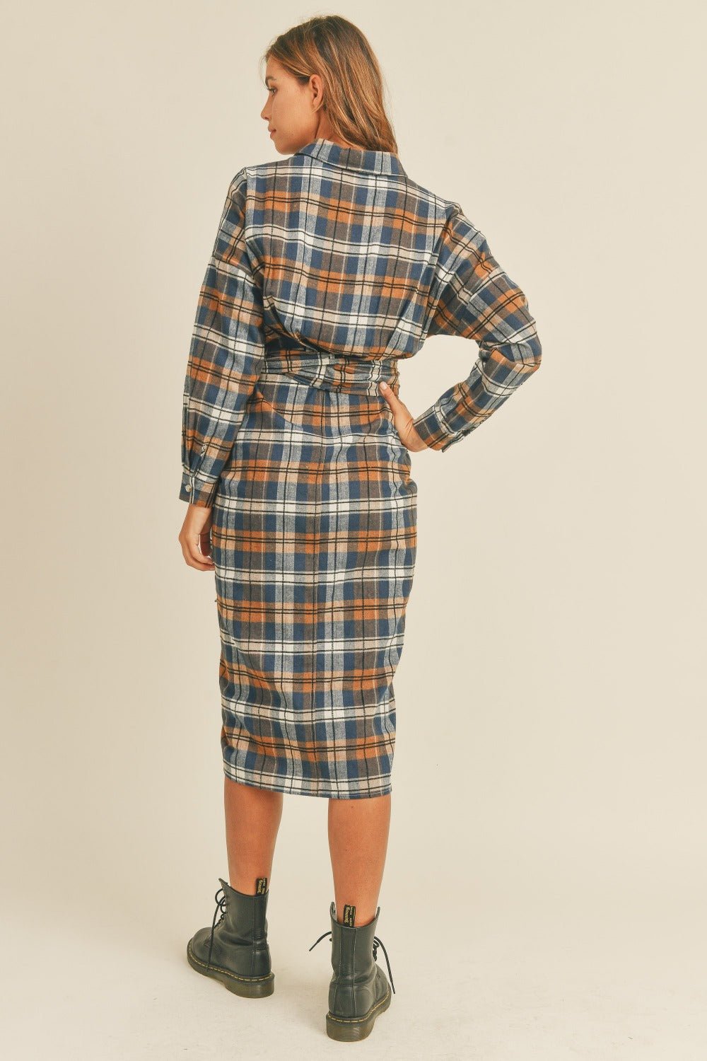 Mable - Plaid Flannel Tie Front Button Down Midi Shirt Dress in Camel