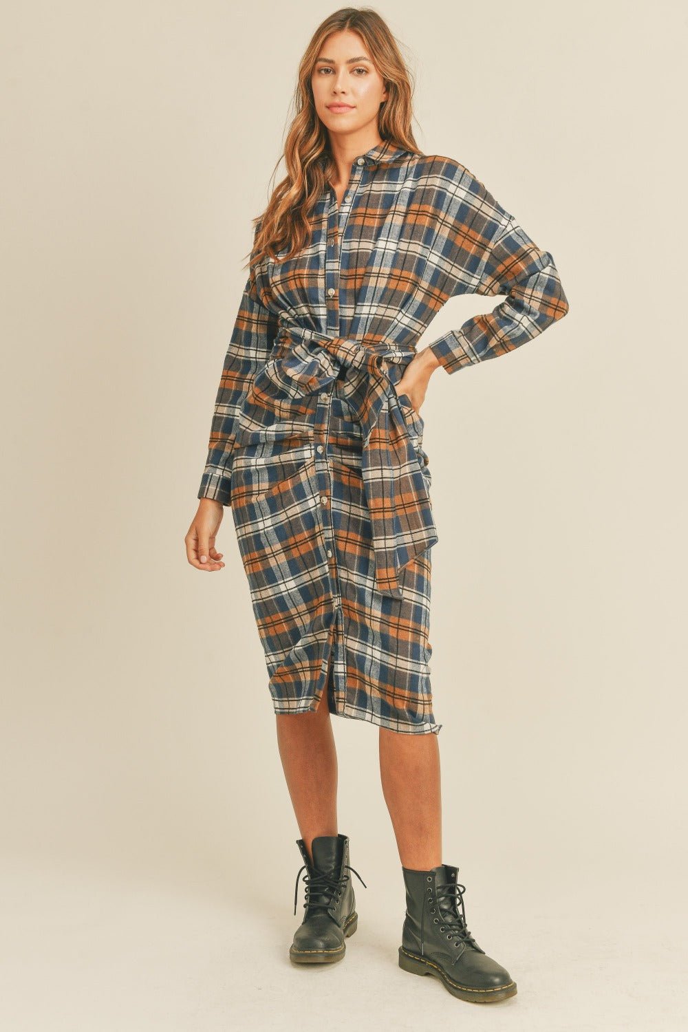 Mable - Plaid Flannel Tie Front Button Down Midi Shirt Dress in Camel