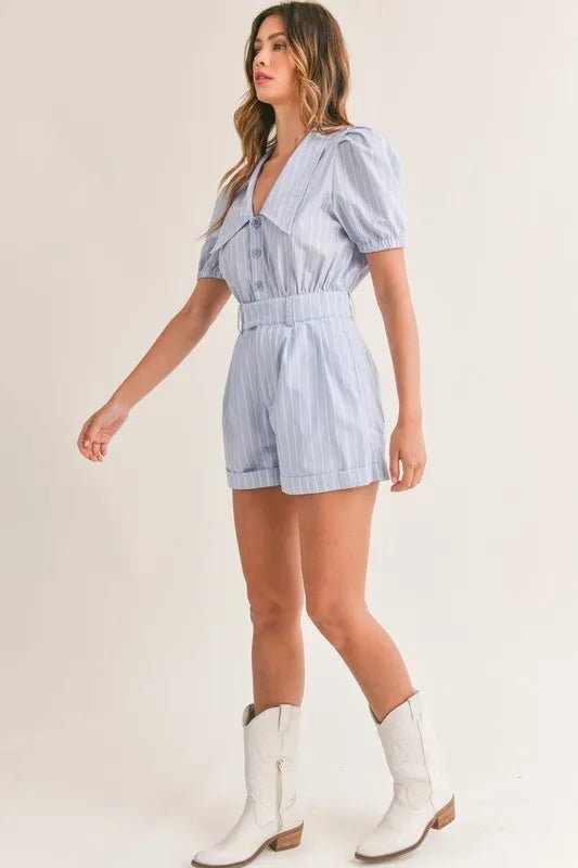 Mable - Powder Blue Pinstripe Belted Romper