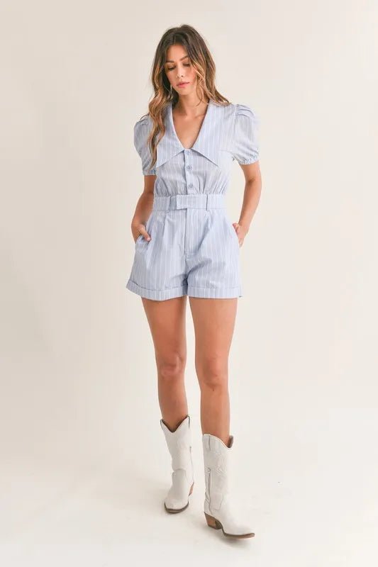Mable - Powder Blue Pinstripe Belted Romper