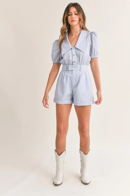 Mable - Powder Blue Pinstripe Belted Romper