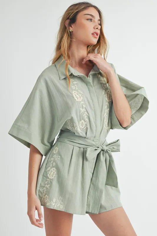 Mable - Sage Embroidered Belted Romper