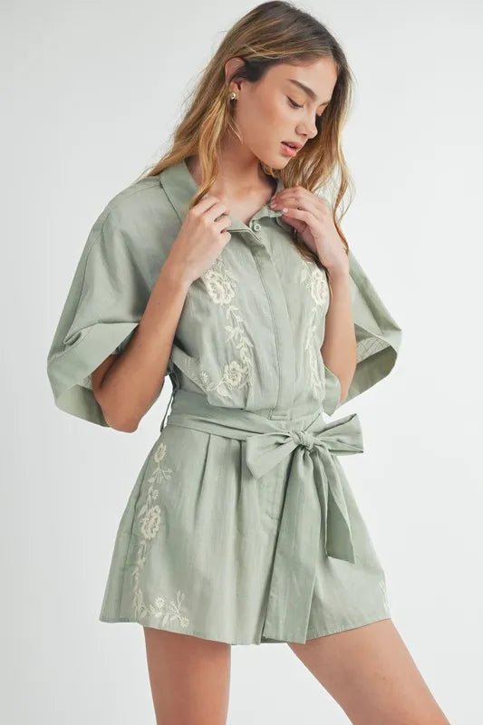Mable - Sage Embroidered Belted Romper